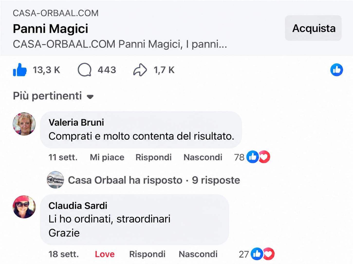 Recensioni clienti Facebook